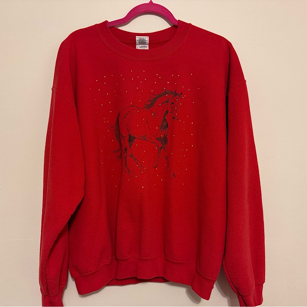 Vintage 90s Horse and Rhinestone Red Crewneck Sweater Gildan Unisex Size Large